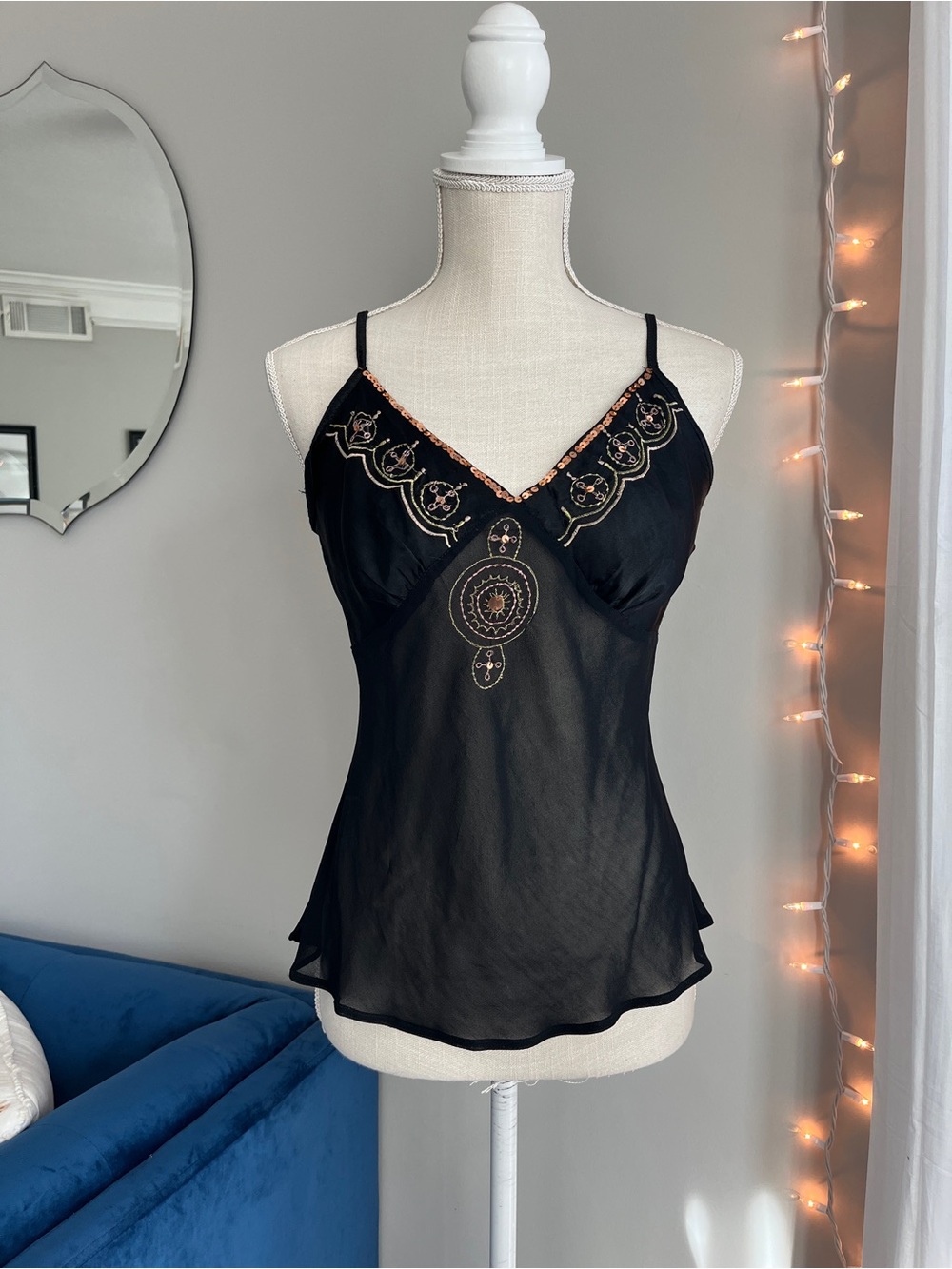 Angie Black Sequin Tank Top | Sheer Bodice | Boho Vintage | Sequin Neckline